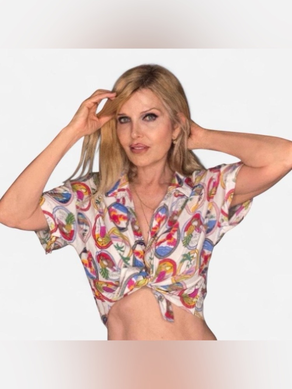 Vintage SUNBURST KISS Tropical Aloha Hawaiian Cropped Button Down Fruity Shirt L